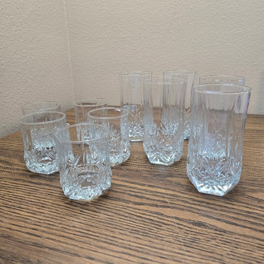 Set of 10 Crystal DArques‎ Ashley 5 High & 4 Low Glasses Cut Glass Heavy Base